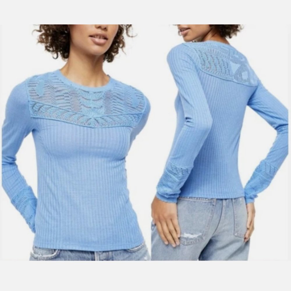 Free People Colette Top Women M Blue Pointelle Crochet Detail Lace Neckline Knit - Picture 1 of 8